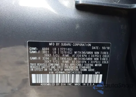2019 Subaru Ascent Limited from USA, damaged, VIN 4S4WMALD4K3433305